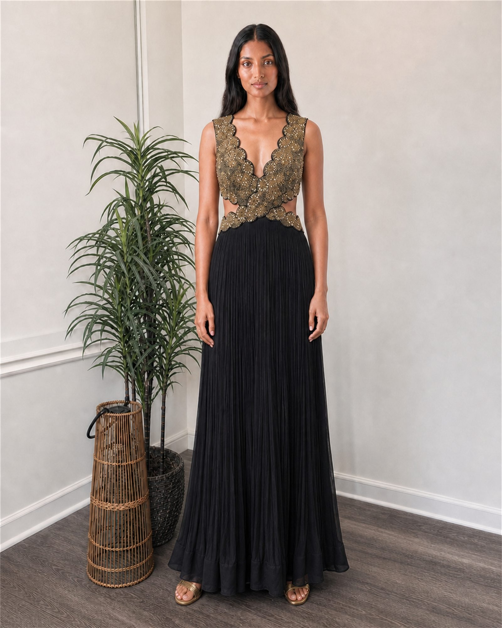 Black and gold antique-work evening gown, full view