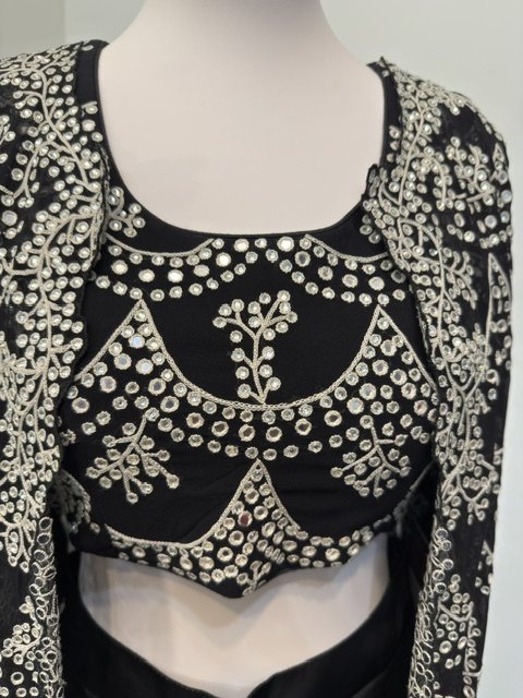 Black mirror work cape set, embroidery detail