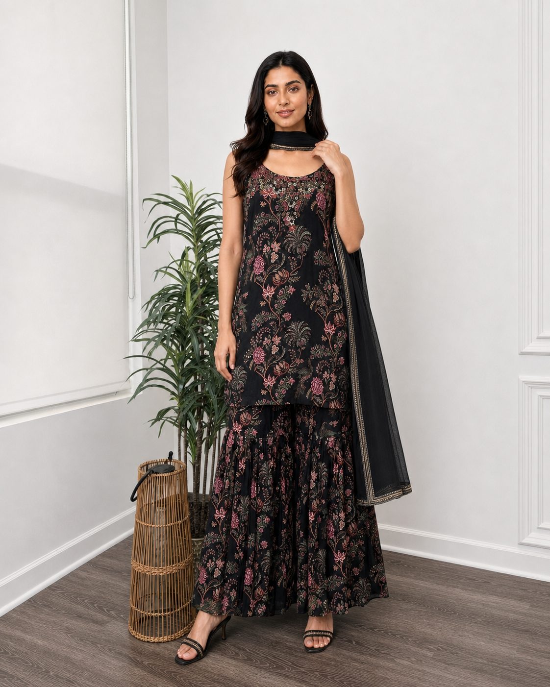Black printed short kurta with matching printed sharara and gold-edged net dupatta, full view