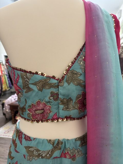 Blue printed lehenga, blouse back detail