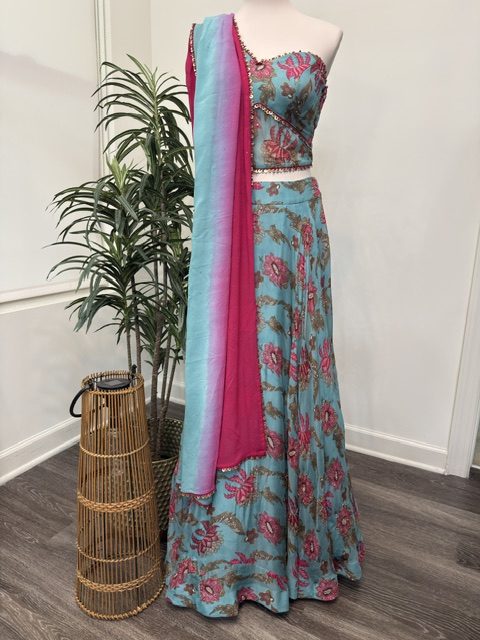 Blue printed lehenga with one-shoulder blouse, full view