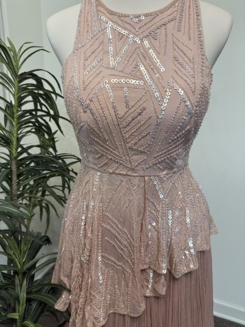 Blush pink asymmetric top with skirt, sequin embroidery detail