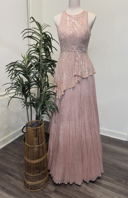Blush pink asymmetric top with skirt, full view