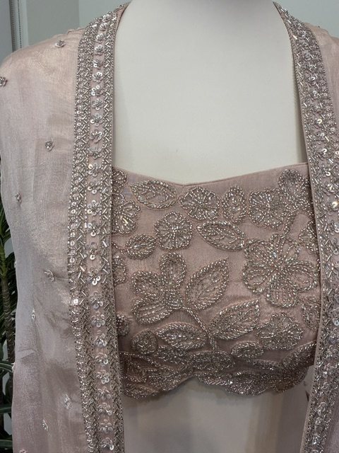 Blush pink beaded sharara set, embroidery detail