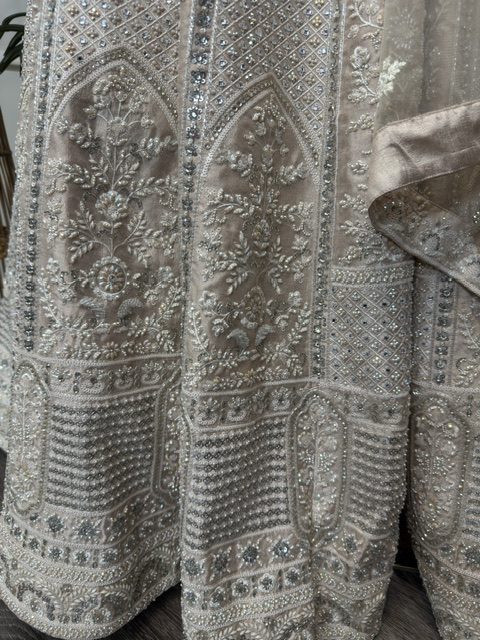 Blush tissue bridal lehenga, arched floral motifs and banded borders on the skirt