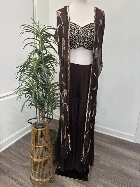 Brown sequin embroidered sharara set, full view