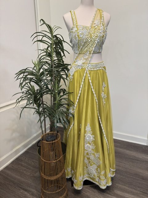 Chartreuse draped lehenga with sequined blouse, full view