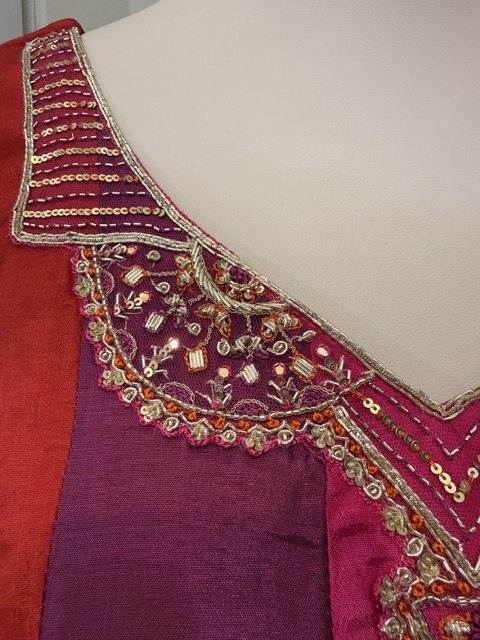 Color-blocked silk anarkali set, embroidery detail