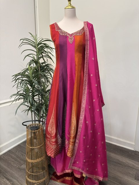 Color-blocked silk anarkali set, full view