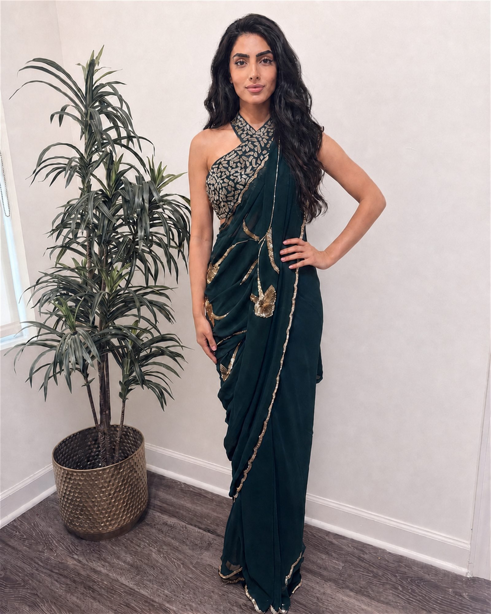 Emerald sequin saree with beaded gold halter blouse, full view
