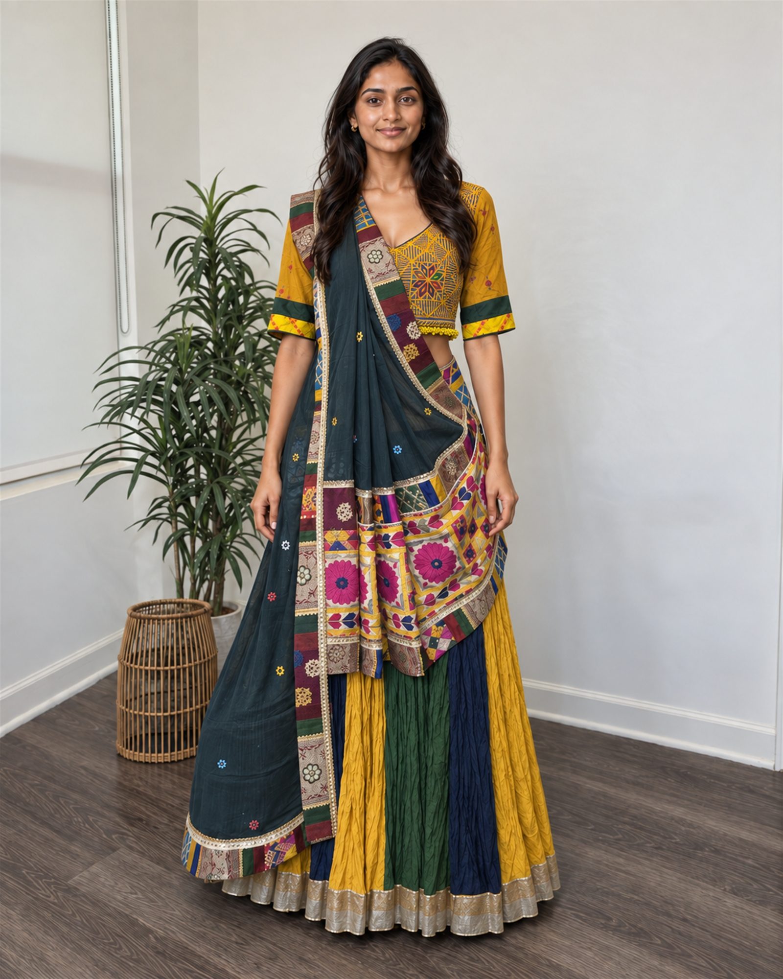 Model wearing green, blue and yellow panel chaniya with lehriya blouse and green dupatta, full view