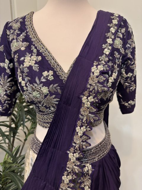 Grey tissue draped lehenga with embroidered blouse, blouse and dupatta embroidery detail