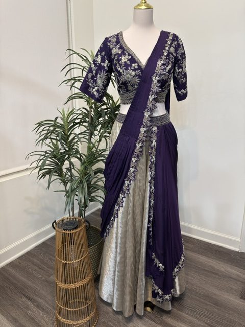 Grey tissue draped lehenga with embroidered blouse, full view