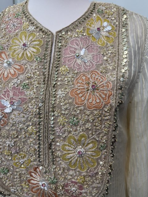 Ivory chanderi kurta, hand-embroidered floral yoke with sequins and beadwork