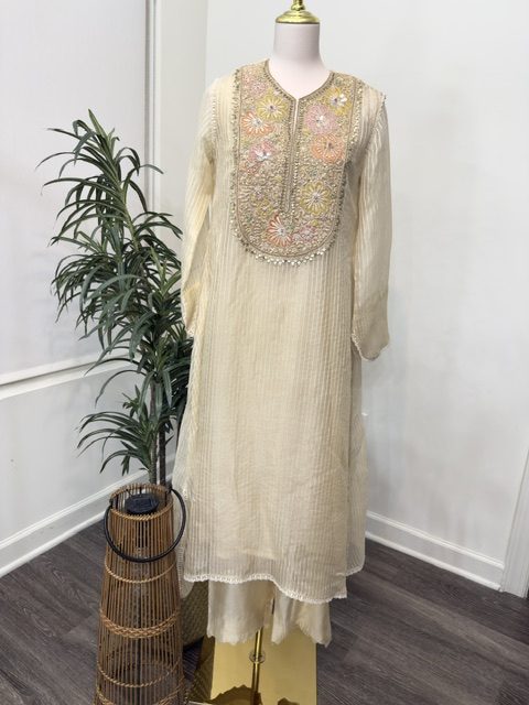 Ivory chanderi kurta set with pants, full view