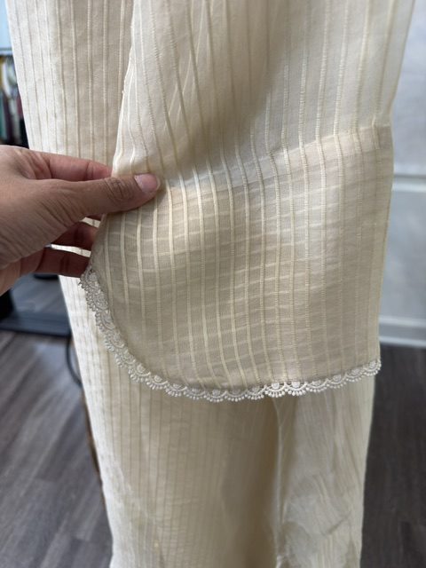 Ivory chanderi kurta, scalloped lace hem over matching pants
