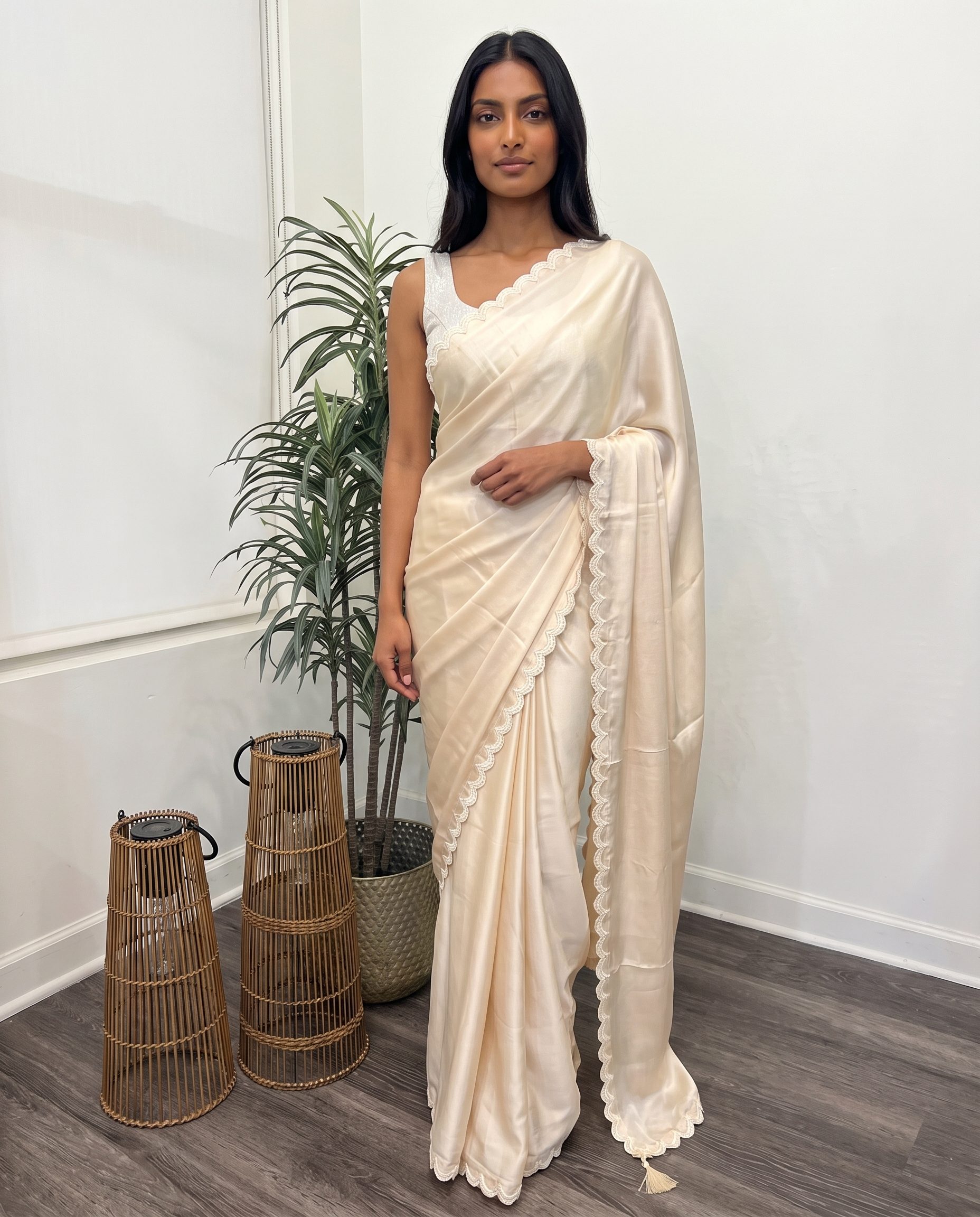 Ivory ready-to-wear saree with sequin blouse, full view