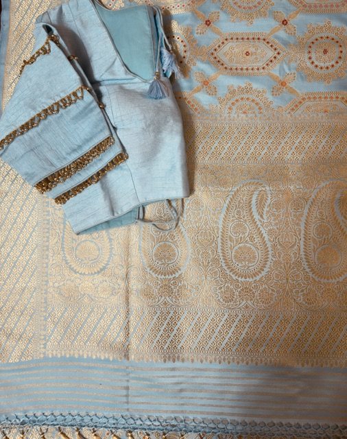 Light blue Banarasi minakari saree, full view