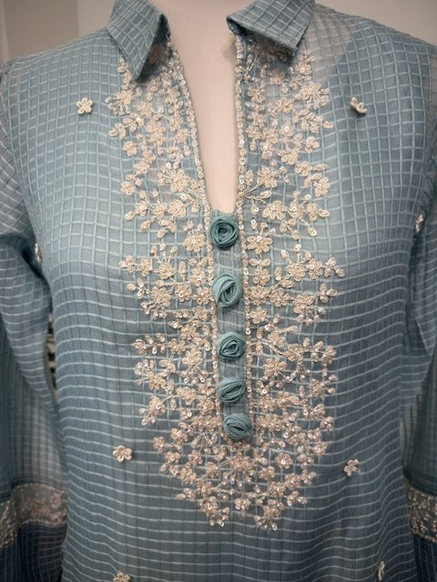 Light blue chanderi embroidered kurta set, embroidery detail
