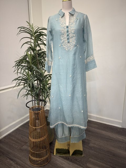 Light blue chanderi embroidered kurta set, full view
