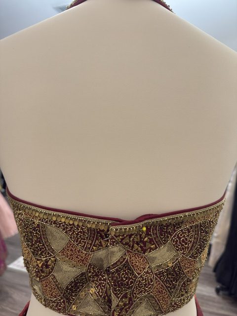 Maroon zardozi halter top, open halter back detail