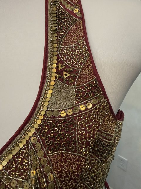 Maroon zardozi halter top, zardozi and sequin embroidery detail