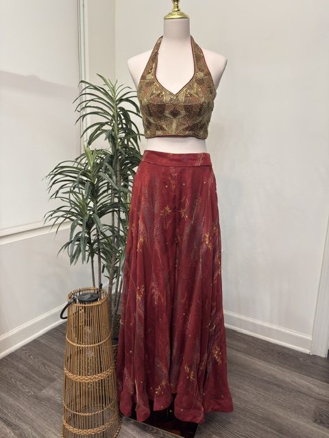 Maroon zardozi halter top with wide-leg pants, full view