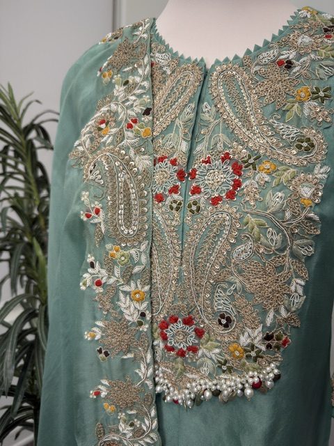 Mint green zardozi kurta set, zardozi and French knot bodice embroidery