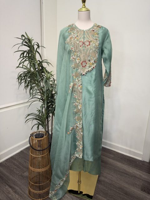 Mint green zardozi kurta set with pants and dupatta, full view