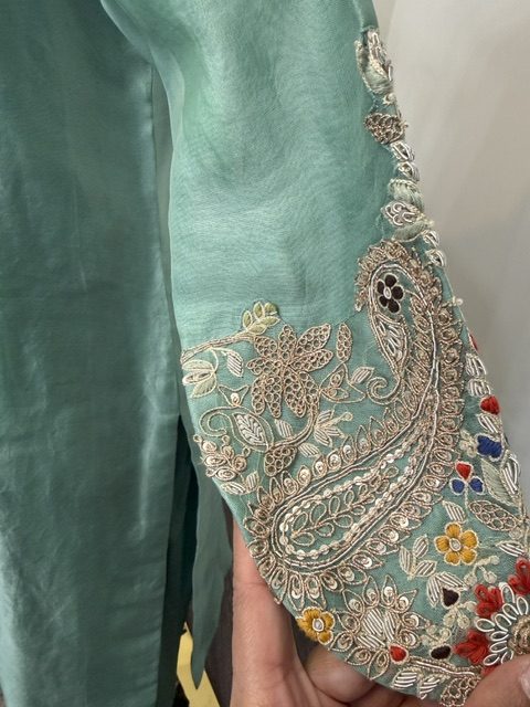 Mint green zardozi kurta set, embroidered sleeve cuff detail