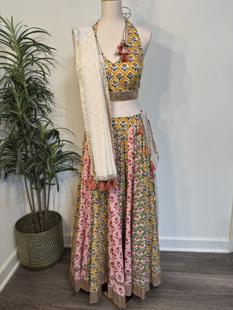 Mustard block-print chaniya choli with ivory dupatta