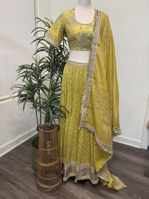 Mustard crushed lehenga with embroidered blouse, full view