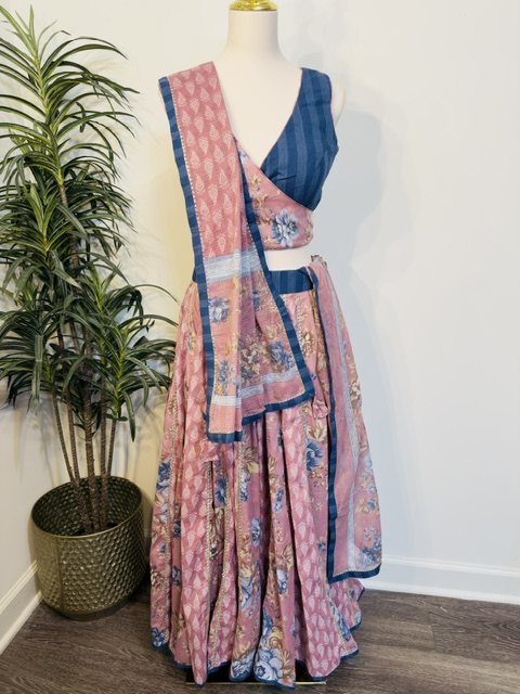 Navy and dusty rose floral chaniya choli with printed dupatta