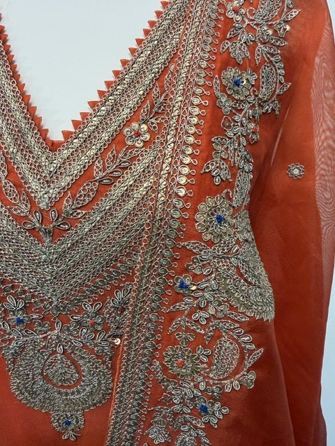 Orange kora embroidered sharara set, embroidery detail