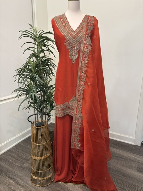 Orange kora embroidered sharara set, full view