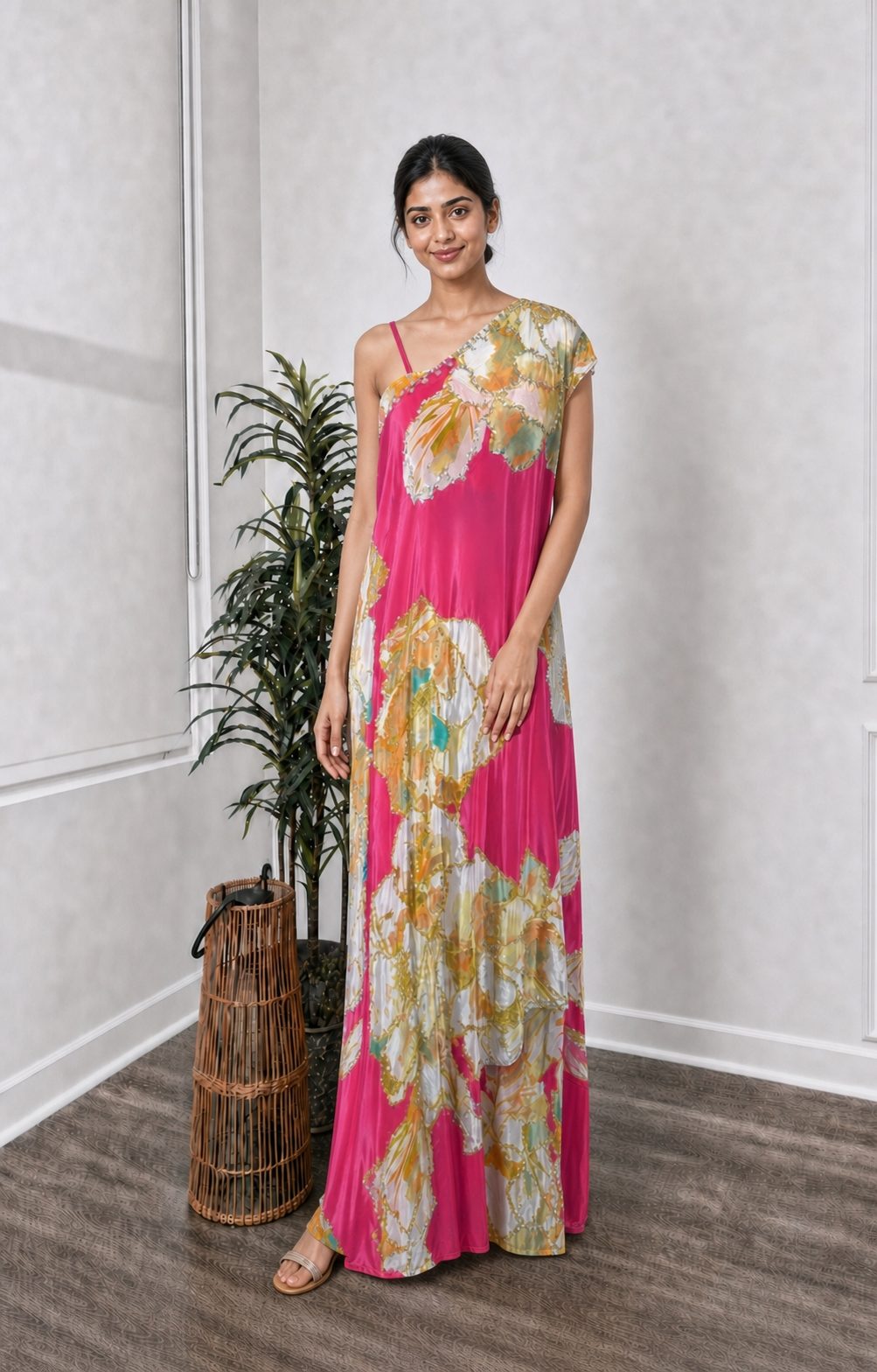 Pink one-shoulder asymmetrical top with matching straight printed pants, full view