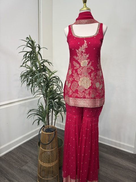 Pink short kurta with sharara and dupatta, full view