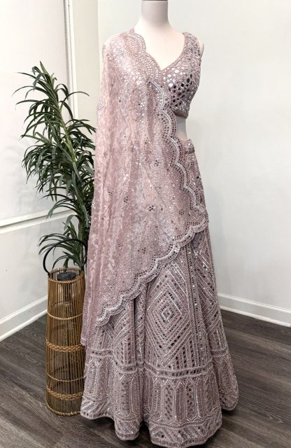 Pink tissue bridal lehenga with mirror work blouse and tissue dupatta, full view