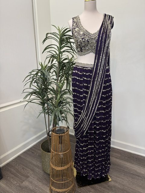 Purple draped lehenga with embroidered blouse, full view