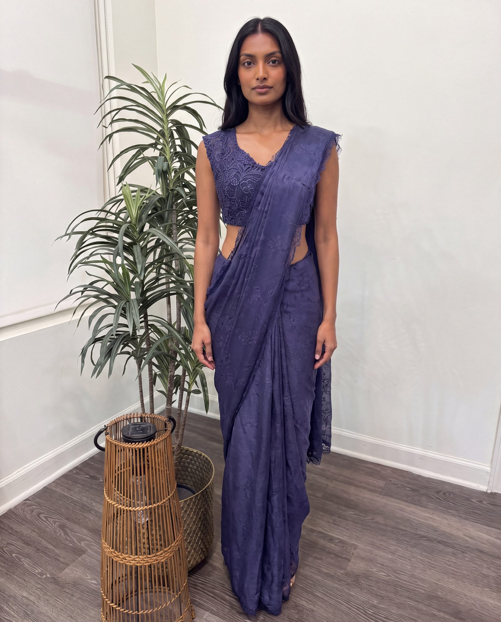 Purple lace ready-to-wear saree with lace blouse, full view