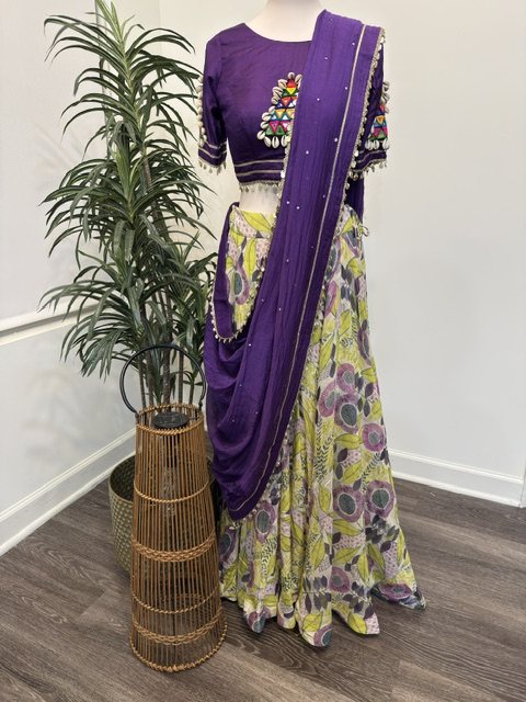 Purple mirror work printed chaniya choli, full view