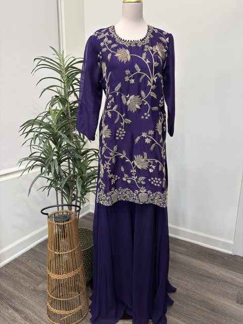 Purple zardozi embroidered kurta set, full view without cape