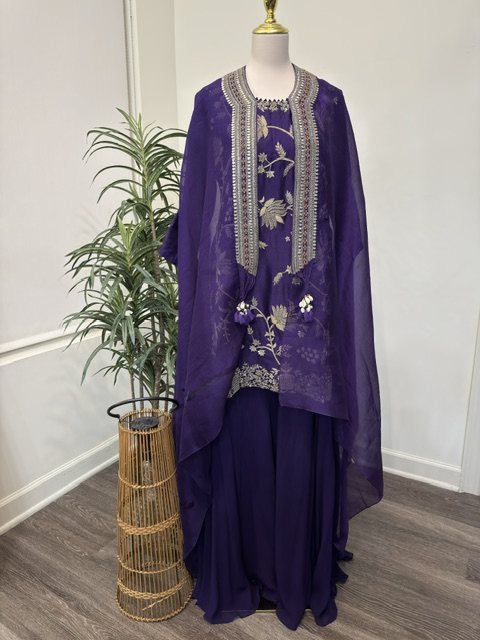 Purple zardozi embroidered kurta set, styled view with cape
