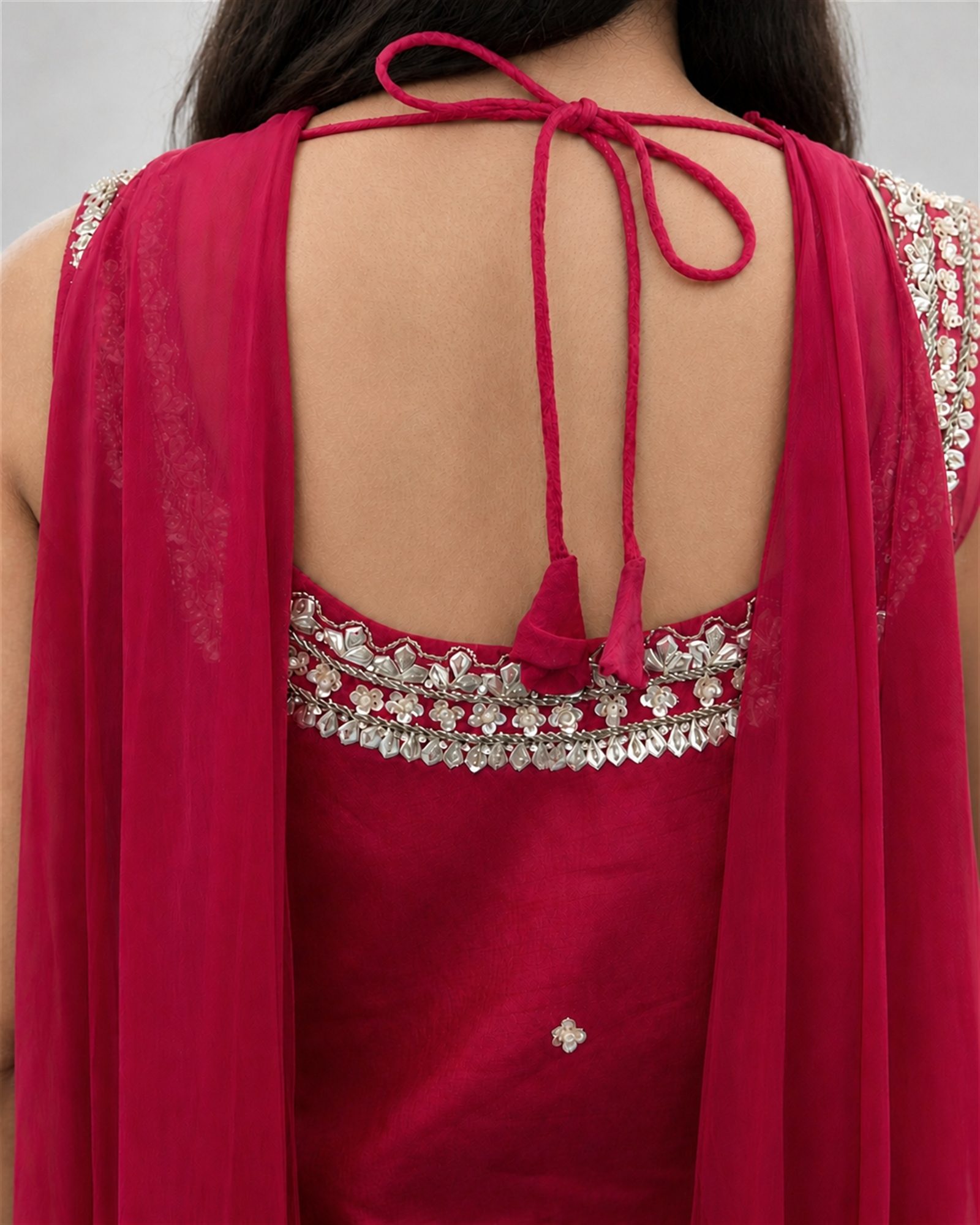 Rani pink short kurta, open back with corded tie and beaded scalloped edge