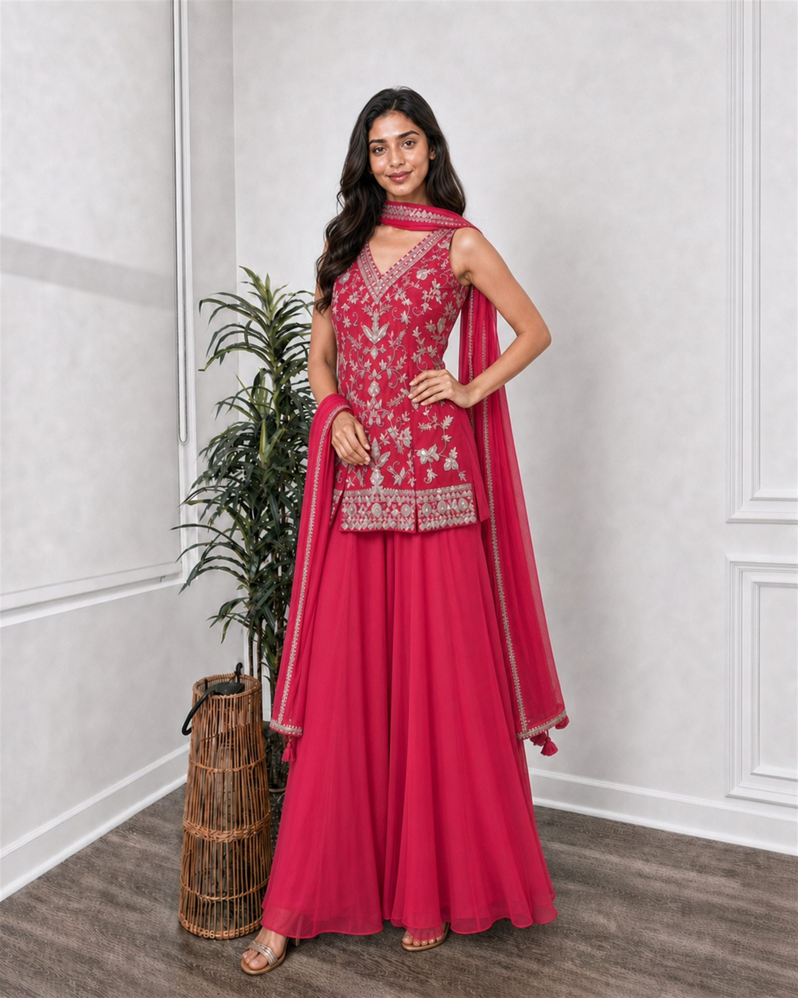 Rani pink short kurta with silver sequin embroidery, wide-leg pants and net dupatta, full view