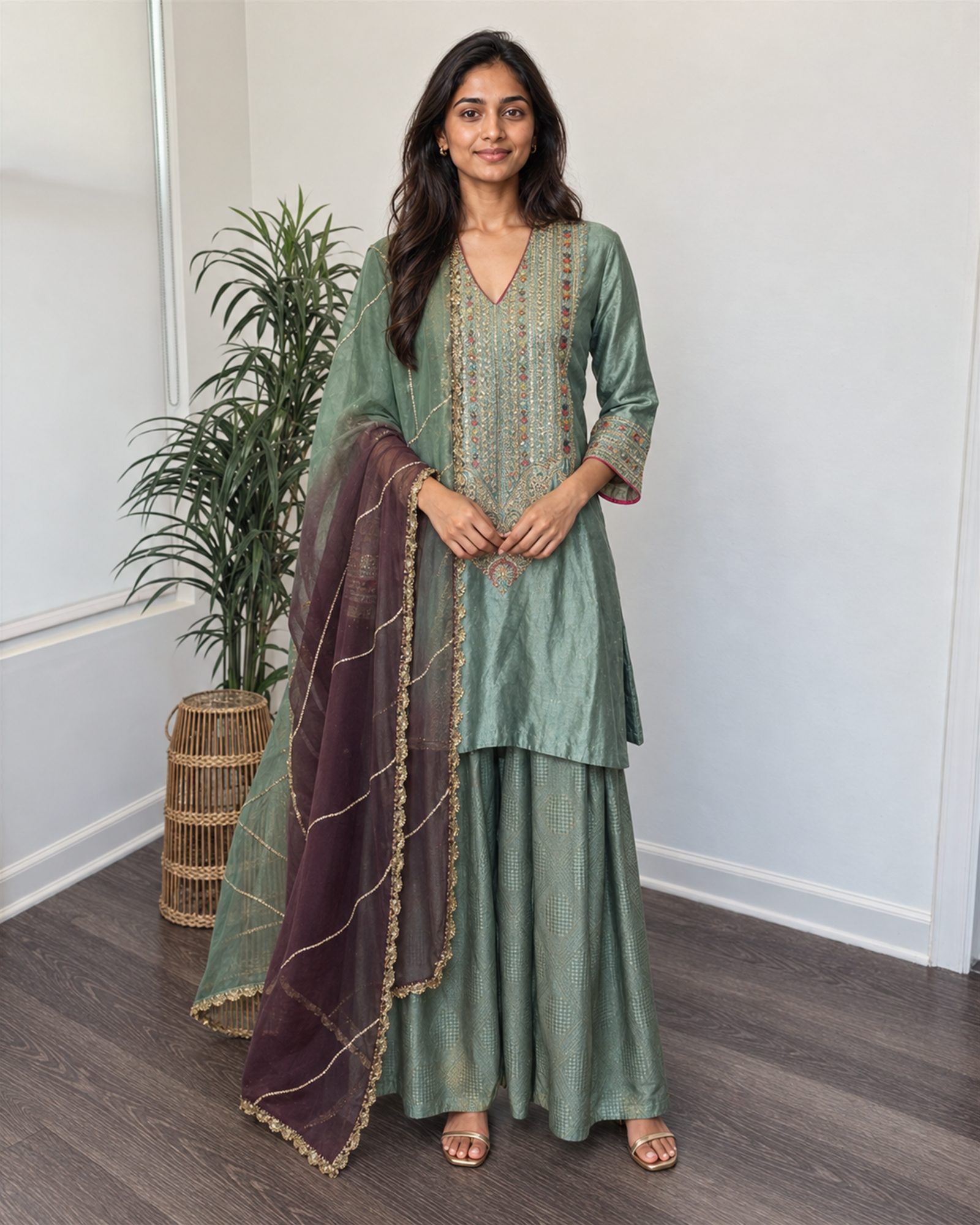 Model wearing the sage green short kurta with farsi salwar and plum ombr&eacute; dupatta, full view
