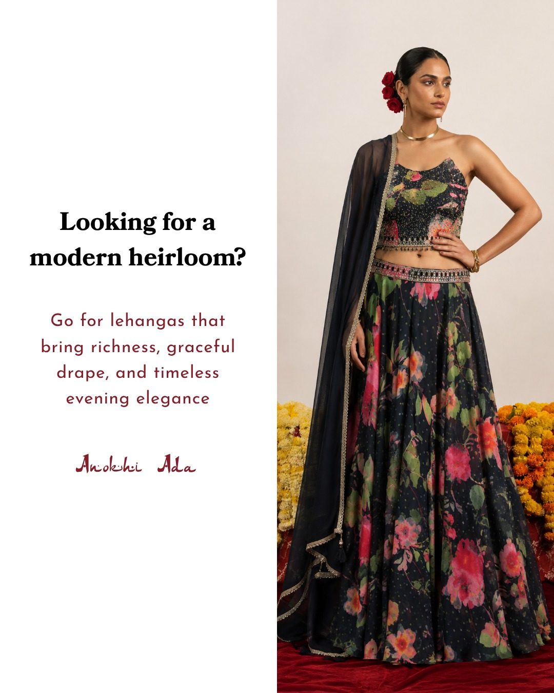 A black floral-print lehenga with a beaded crop top, embroidered waistband and sheer black dupatta.