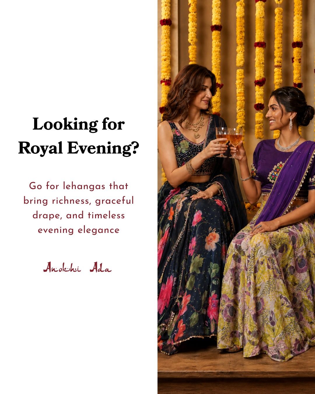Two women seated in evening lehengas — a black floral lehenga with a beaded blouse, and a purple mirror-work blouse with a printed skirt.
