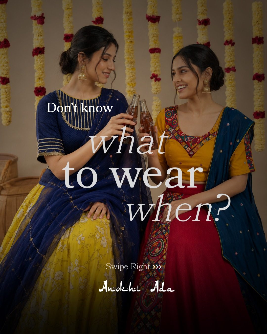 Two women in festive lehengas — a navy and yellow lehenga with a sheer navy dupatta, and a mustard mirror-work blouse with a red skirt and teal dupatta.
