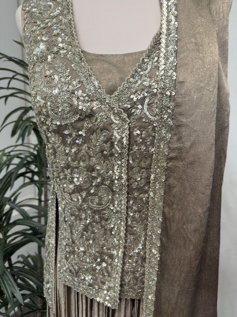 Taupe lehenga vest, silver sequin and thread embroidery detail